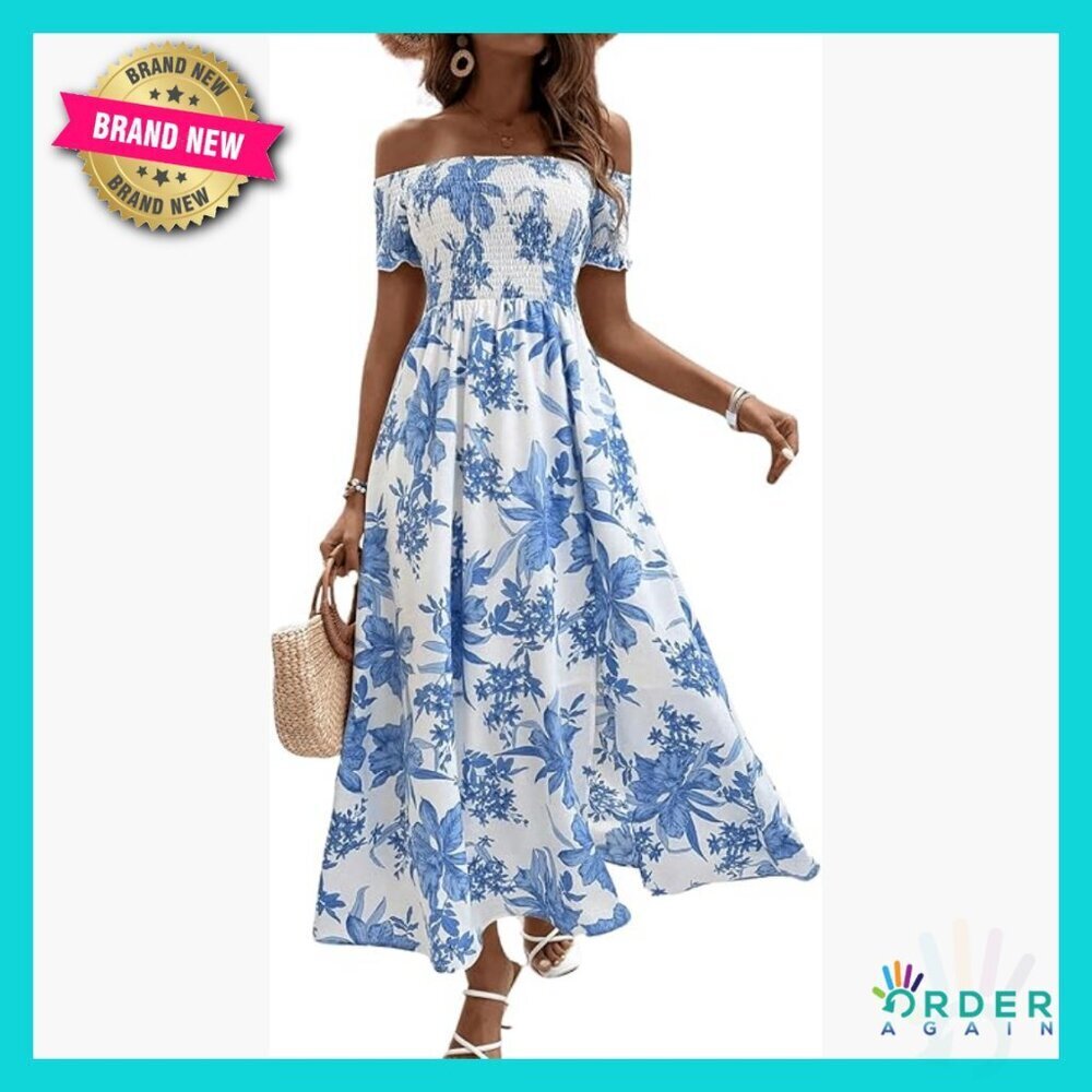 Boho Ditsy Floral Off Shoulder Split Maxi A Line Dress Chic Summer Formal Wear